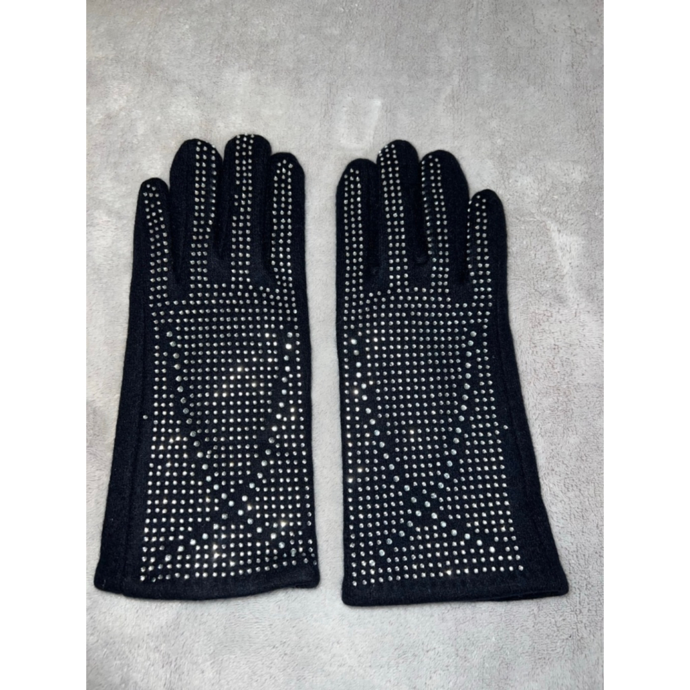 Women's Black Silver Rhinestone Cashmere Blend Gloves One Size